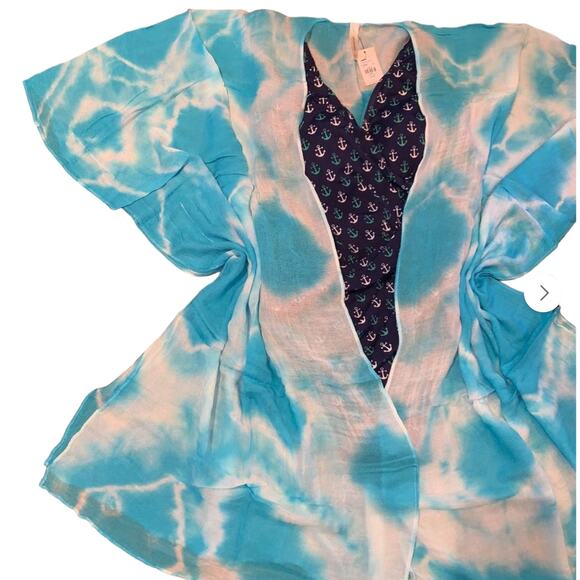NWT Francesca's Turquoise & White Tie-Dye Kimono/Coverup - ONE SIZE - Picture 9 of 9